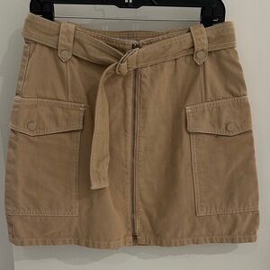 Tan Belted Mini Skirt with Pockets, front zipper, size 10